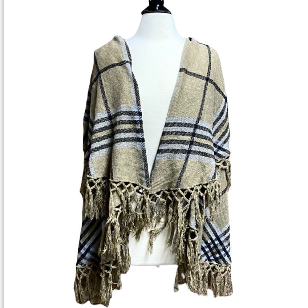 Coco + Carmen Taupe Plaid Fringed Vest Cape NWT